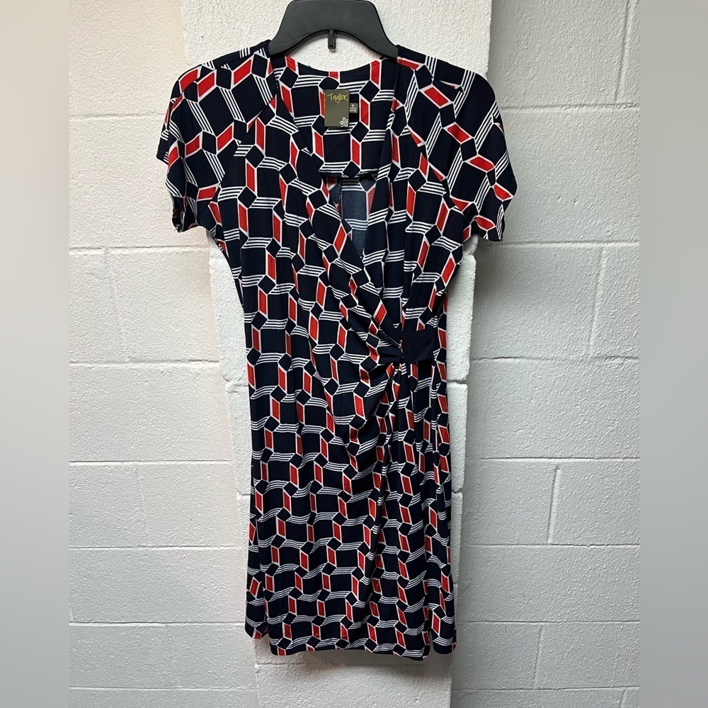 Taylor Geometric Patterned Dress in Red and Navy